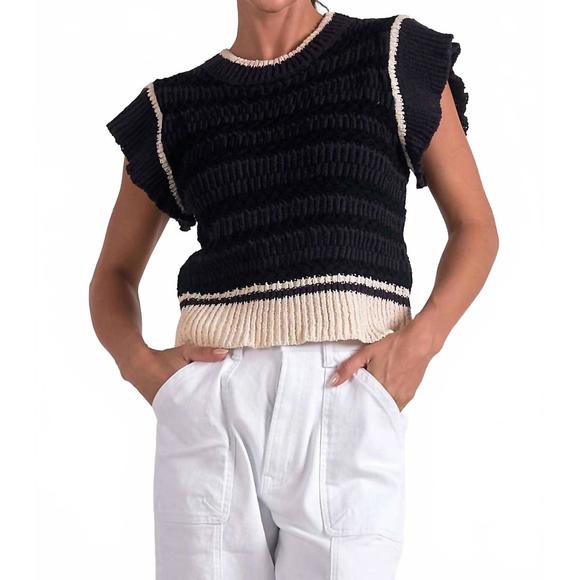 NEW ELAN cap sleeve crewneck sweater in black/beige - Picture 1 of 4